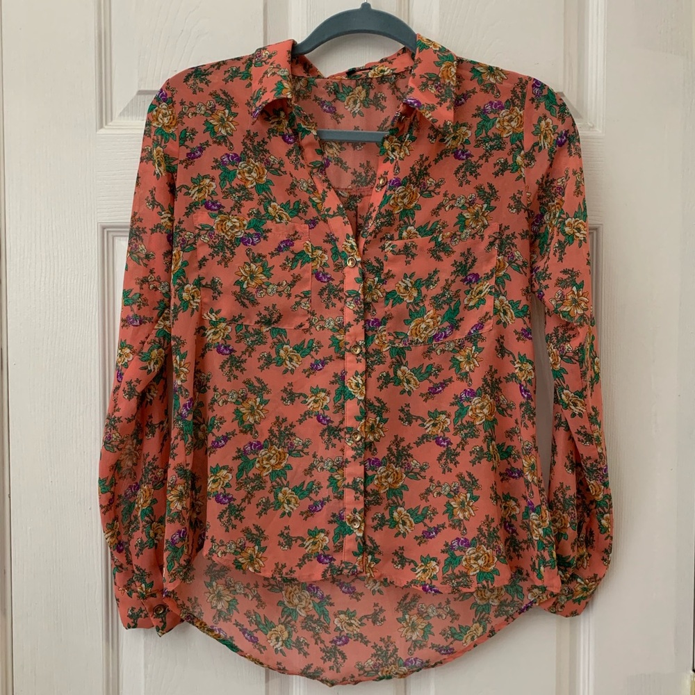 Coral pink floral blouse